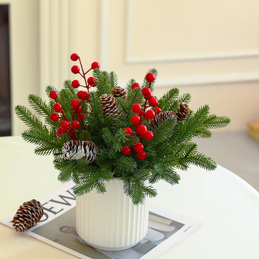 13 Inch Artificial Norfolk Pine Branches with Red Berry in a White Ceramic Pot,Christmas Greenery with Lights Pine Cones for Xmas Kitchen Living Room Tabletop Decor (40 Pcs)