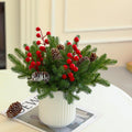 13 Inch Artificial Norfolk Pine Branches with Red Berry in a White Ceramic Pot,Christmas Greenery with Lights Pine Cones for Xmas Kitchen Living Room Tabletop Decor (40 Pcs)