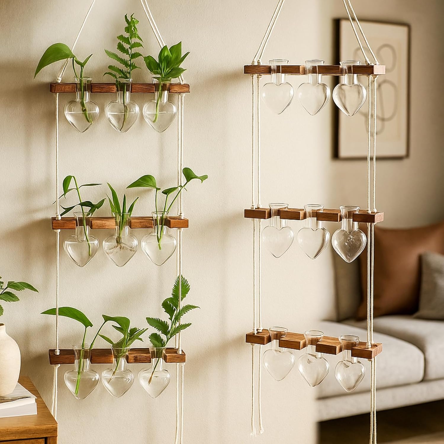 Leinuosen Plant Hanging Propagation Station Wall Hanging Planters Terrarium with 3 Tiered Wooden Stands for Home Garden Decor Hydroponics Plant Lovers Gifts- 9 Glass Vases(Heart Shaped,Clear)