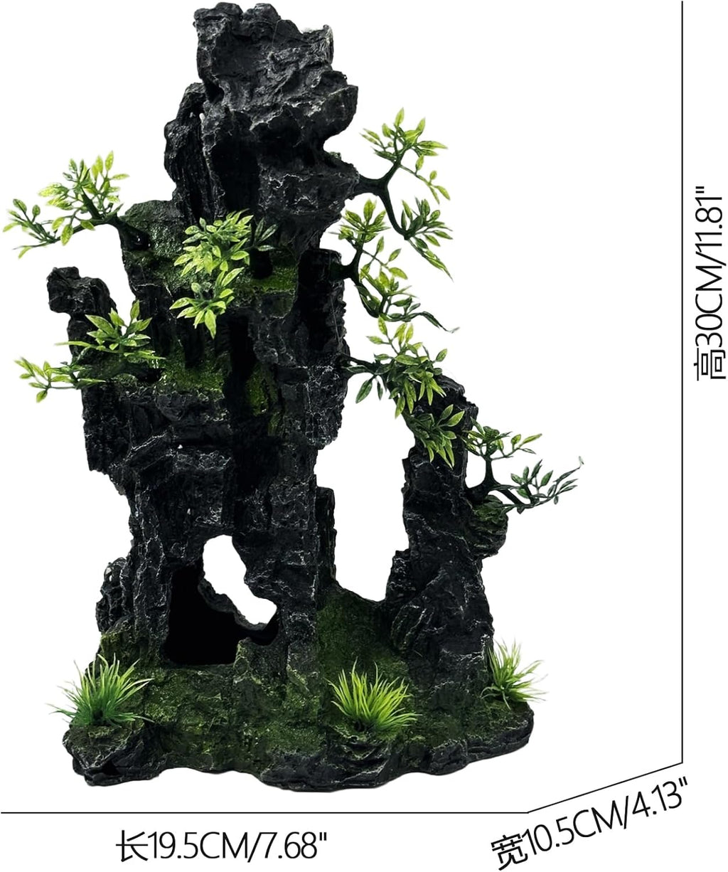 Large and Tall Fish Tank Decorations Aquarium Mountain View Stone Decorations Resin Rock Aquascaping with Hiding Cave, Fish Tank Accessories Aquarium Ornaments with Small Plants (C)