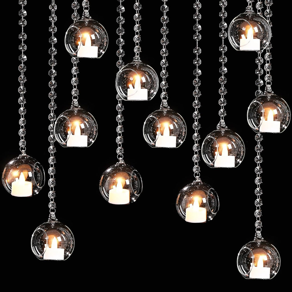 3.15'' Hanging Glass Tea Light Candle Holder Globe and Clear K9 Crystal Garland Strands, Hanging Glass Terrarium Containers for Christmas Tree Wedding Party Tree Decoration