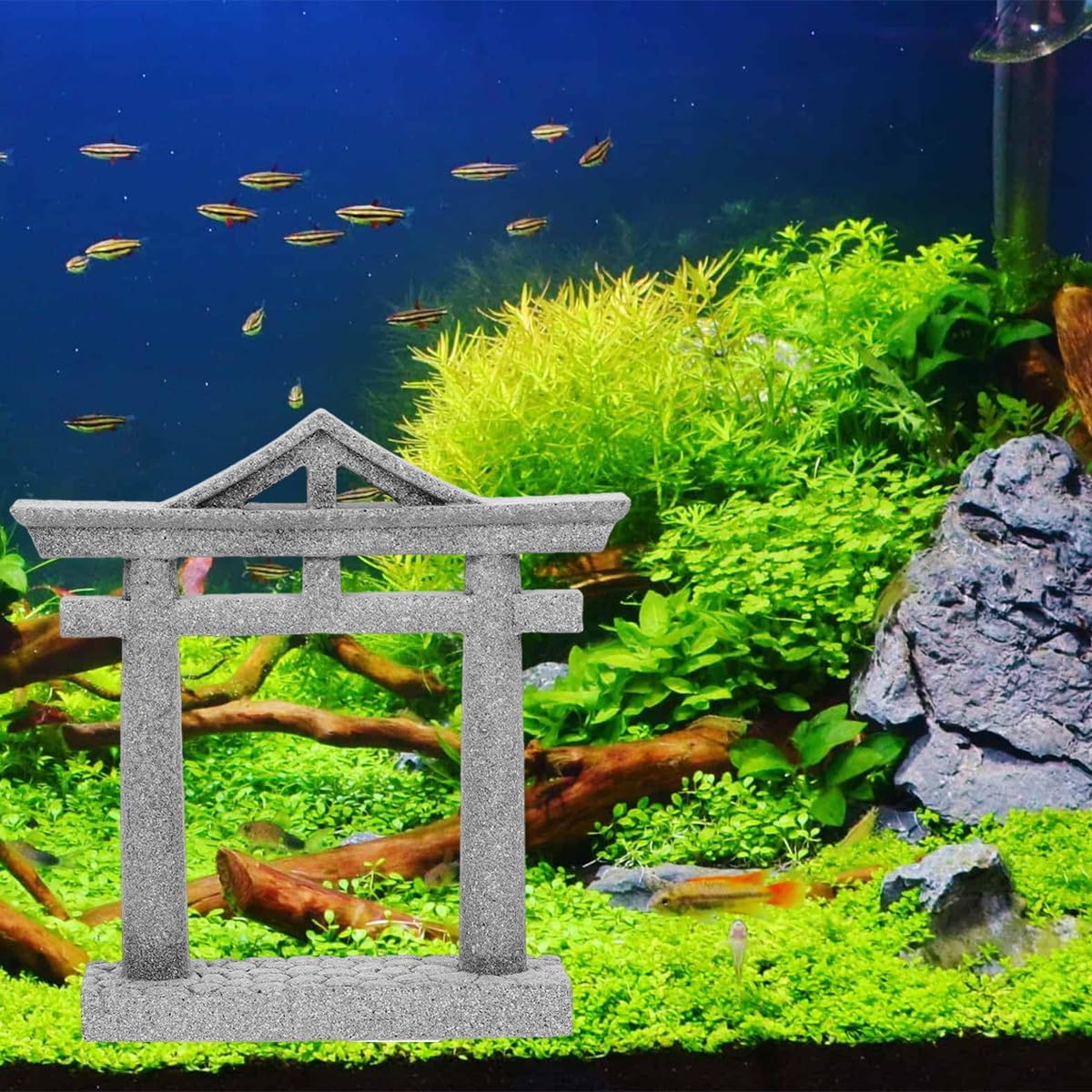 livelyfish Japanese Fish Tank Decorations Asian Aquarium Decor Torii Gate Ornament Japanese Shrine Oriental Pagoda Aquarium Sandstone Bridge Statues Betta Fish Decorations for Tank, L2