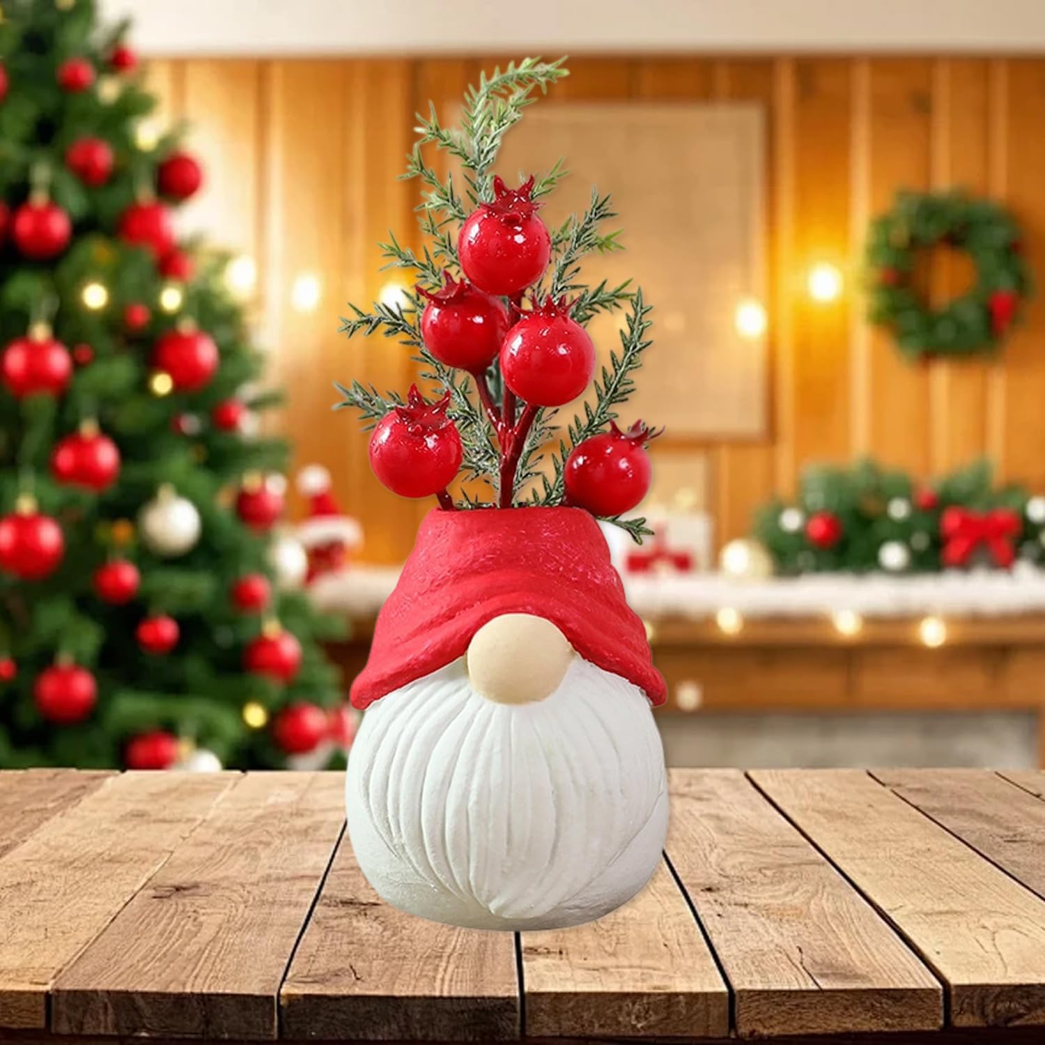 Christmas Tree Table Decor Artificial Mini Xmas Tree Decor for Tables Red Berry ＆ Pine Branch with Cute Dwarf Base for Winter Party Home Indoor Home Fireplace Mantel Decorations
