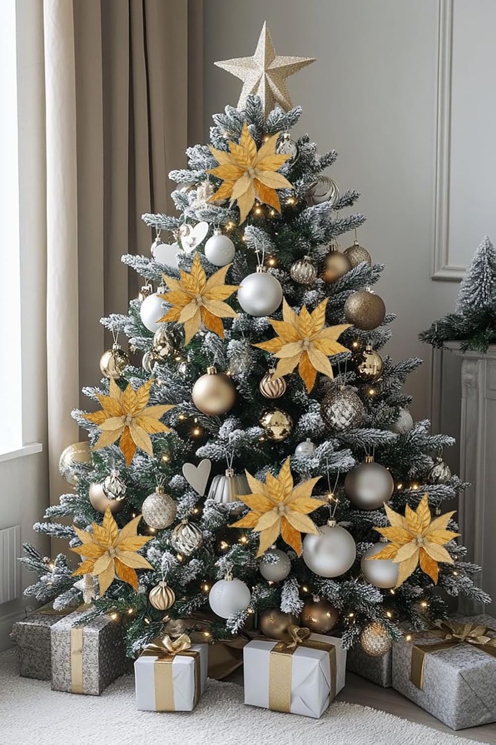 Hollyone 3PCS Poinsettia Christmas Flowers Artificial 11" Large Velvet Gold Glitter Poinsettia Flowers Christmas Tree Ornaments Floral Picks for Tree Wreath Garland Vase Table Centerpiece Home Decor