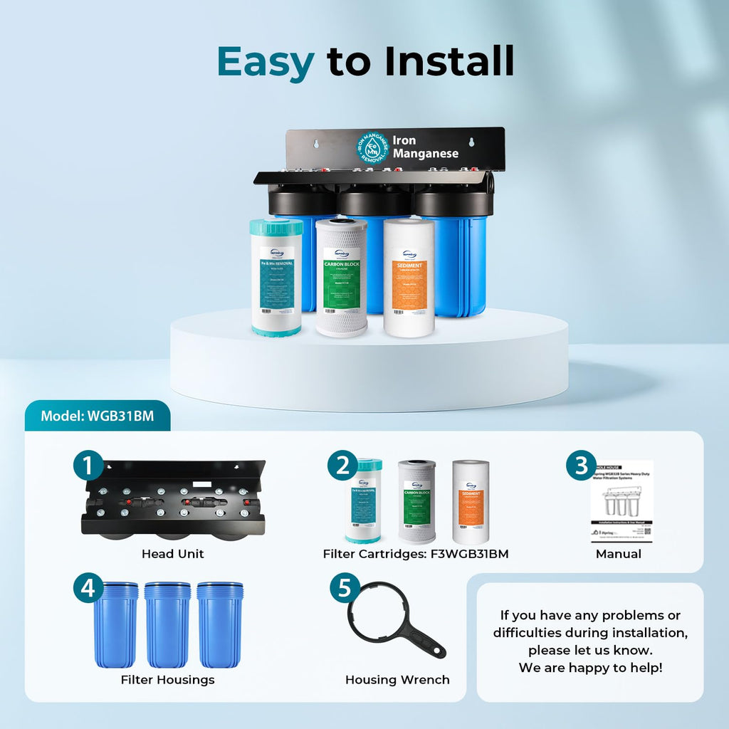 iSpring Whole House Water Filter System, Reduces Iron, Manganese, Chlorine, Sediment, Taste, and Odor, 3-Stage Iron Filter Whole House, Model: WGB31BM, 10” x 4.5” Filters, 1” Inlet/Outlet
