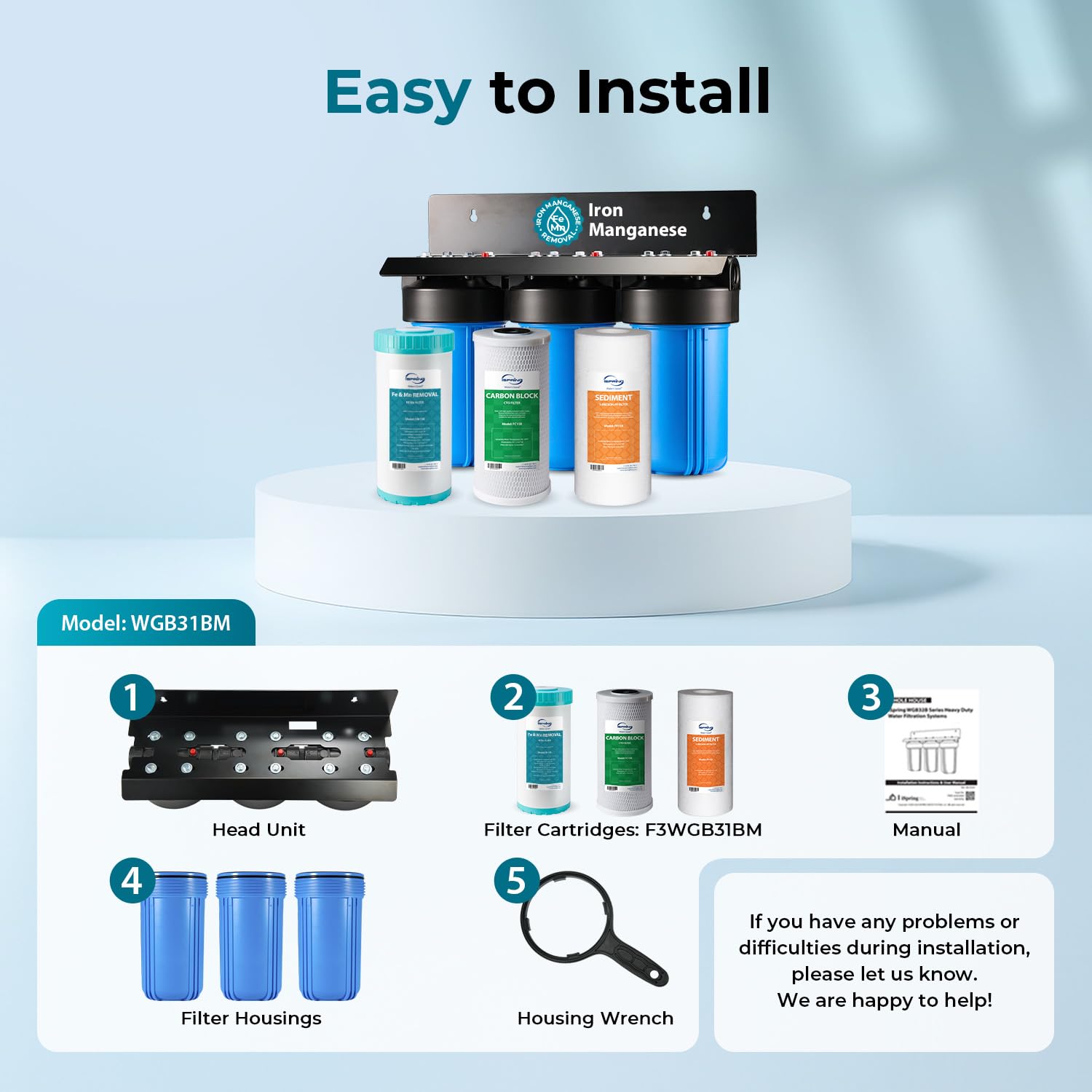 iSpring Whole House Water Filter System, Reduces Iron, Manganese, Chlorine, Sediment, Taste, and Odor, 3-Stage Iron Filter Whole House, Model: WGB31BM, 10” x 4.5” Filters, 1” Inlet/Outlet