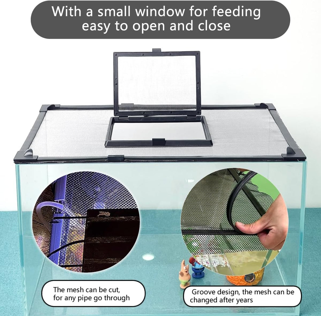 Magnetic Fish Tank Cover with Feeding Window Dark Grey Frame Grey Fiberglass Mesh, DIY Magnetic Fish Tank Lid 39"x19"(100x50CM), Preventing Fish from Jumping Out The Size can be Adjusted Smaller