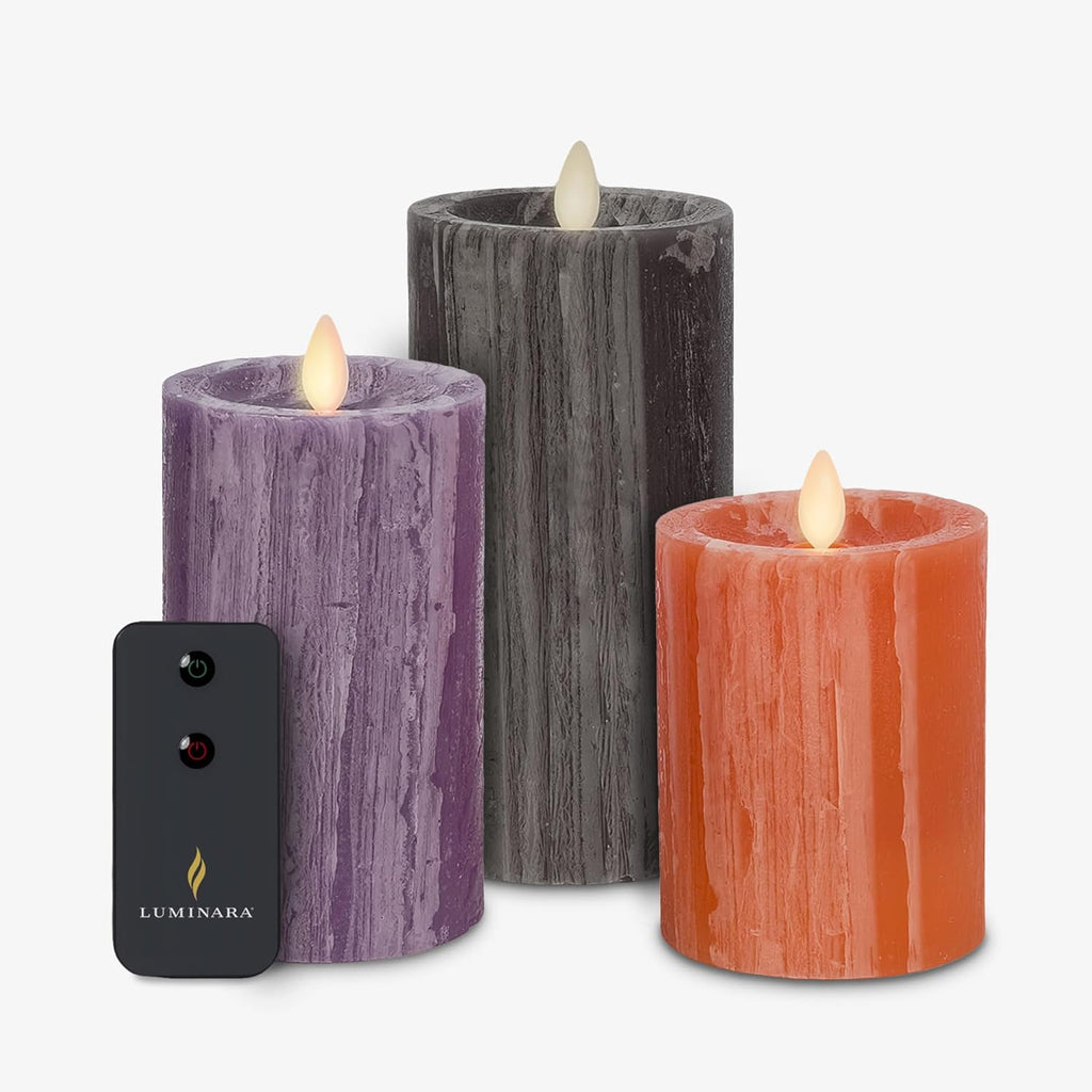 Luminara Realistic Flameless LED Candle Multi-Color Set of 3, Battery Operated with Remote Control, Moving Flame Pillar Timer Funtion Melted Top Safe