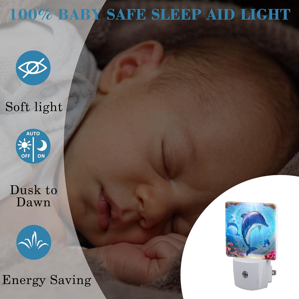 Night Light for Kids Girls Boys, Cute Dolphins in Tropical Sea LED Night Light Plug into Wall with Dusk to Dawn Sensor for Room Decor, Hallway, Kitchen, Bathroom, Nursery, Stairs