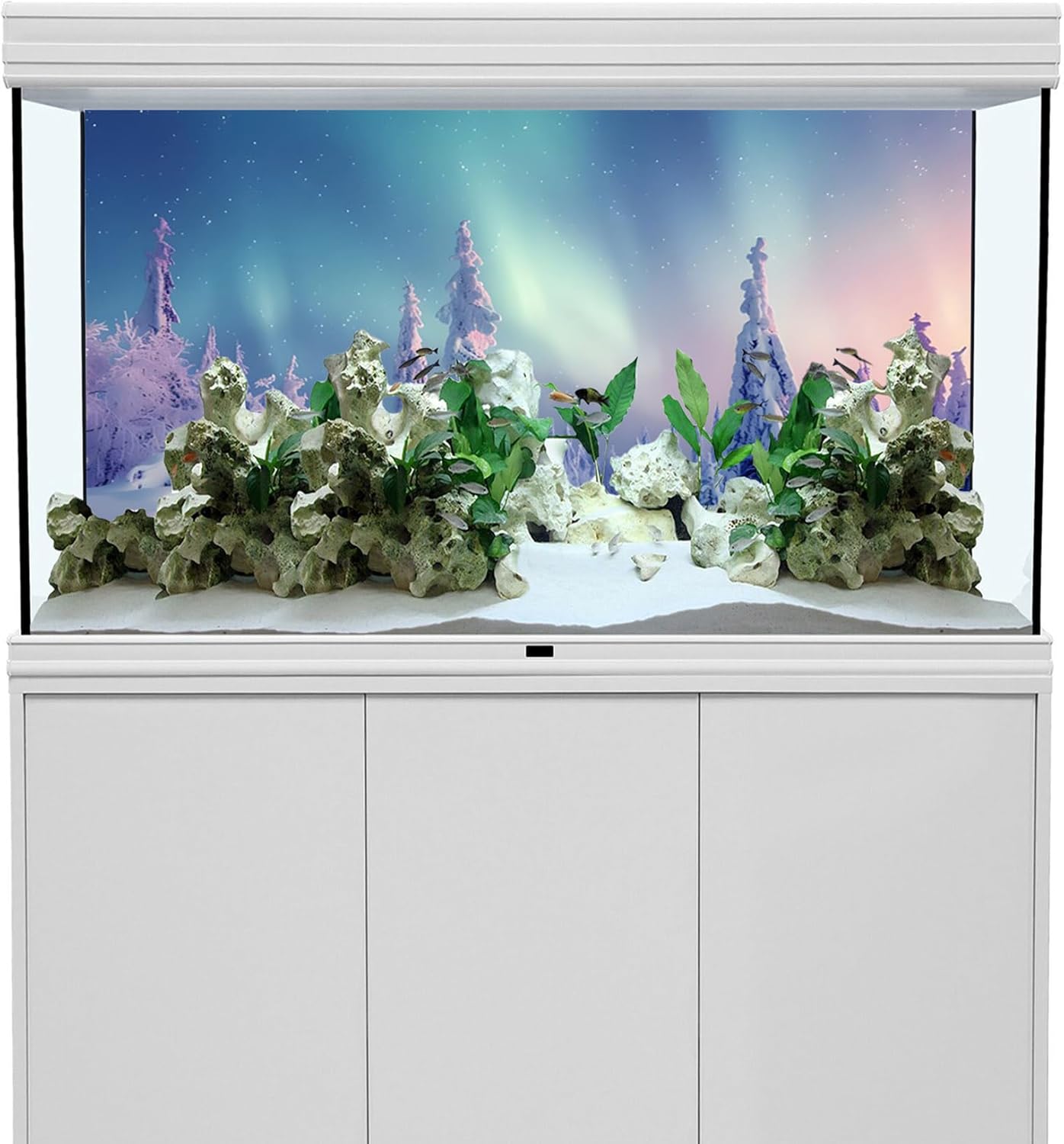YongFoto Winter Snow Scene Fish Tank Background 60x24 inch Snowfield Pine Forest Rime Starry Sky Aurora Polyester Backdrop Reptile Habitat Terrarium Bearded Dragon Aquarium Background