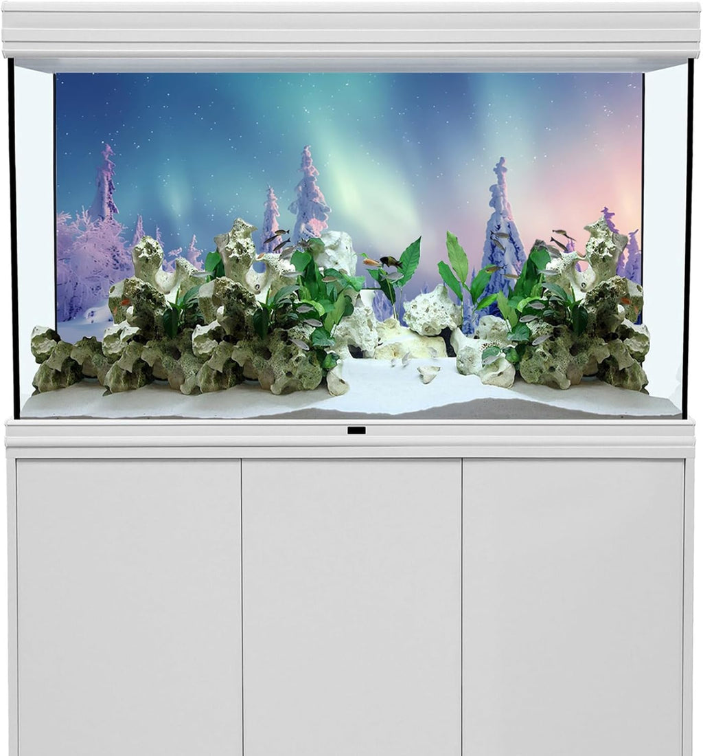 YongFoto Winter Snow Scene Fish Tank Background 72x16 inch Snowfield Pine Forest Rime Starry Sky Aurora Polyester Backdrop Reptile Habitat Terrarium Bearded Dragon Aquarium Background