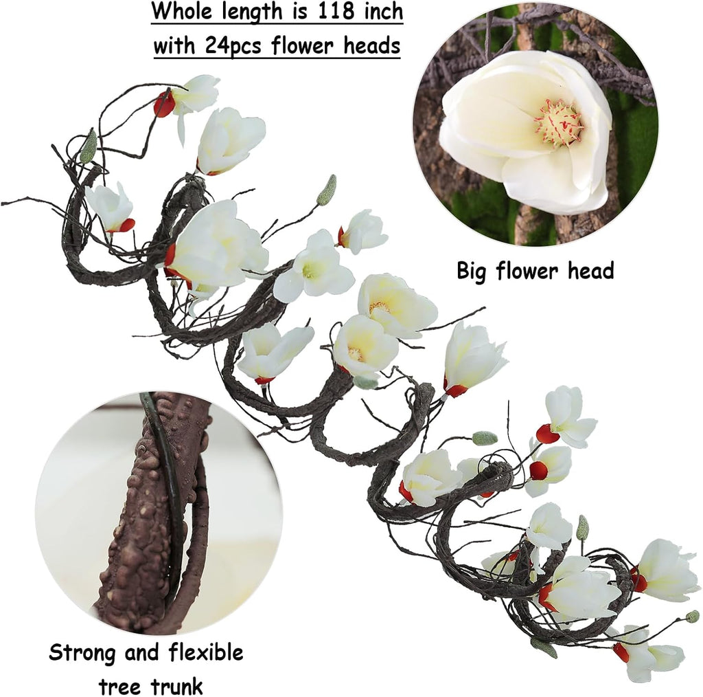 118 inch Artificial Magnolia Orchid Flowers Ivy Vines Garland Fake Tree Branches Trunk with Flores Wreath for Wedding Arch Wall Hanging Home Room Decoration (White)