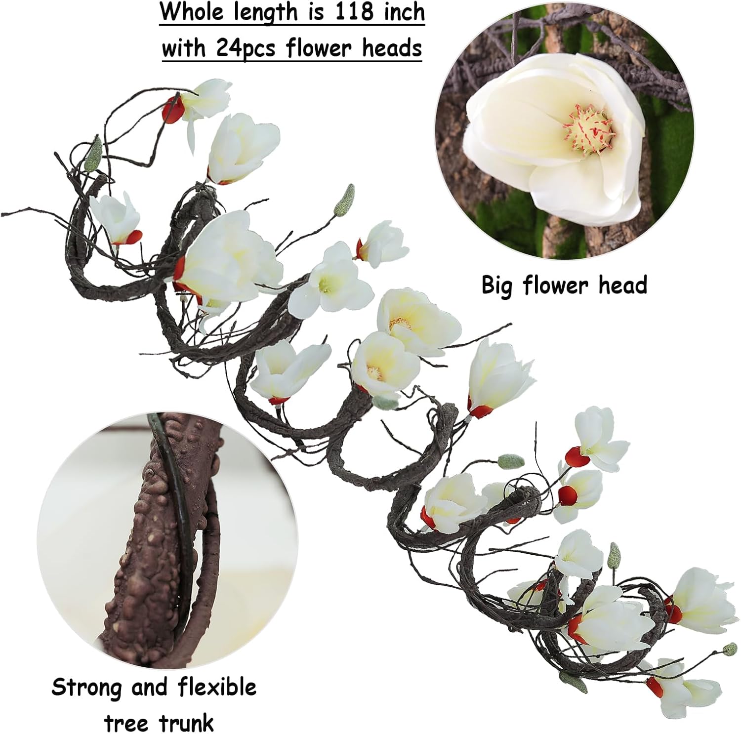 118 inch Artificial Magnolia Orchid Flowers Ivy Vines Garland Fake Tree Branches Trunk with Flores Wreath for Wedding Arch Wall Hanging Home Room Decoration (White)