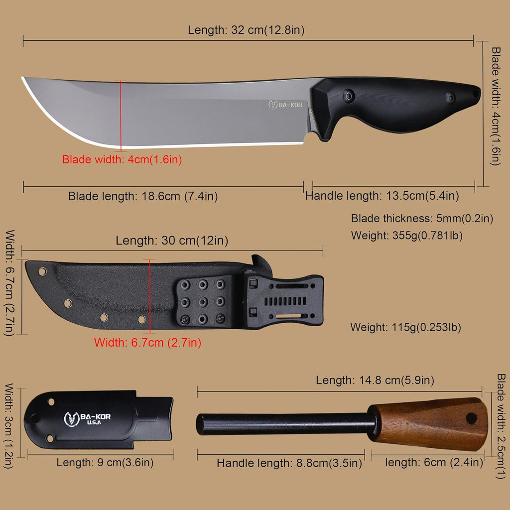 BA-KOR 5MM (9CR18MOV) steel 12.8'' full tang Hunting knife +K sheathing &5.9" cerium igniter can be used outdoors for outdoor hunting, camping, obstacle clearing, wood chopping, BBQ, fishing, kitchen cutting, EDC tools, gifts