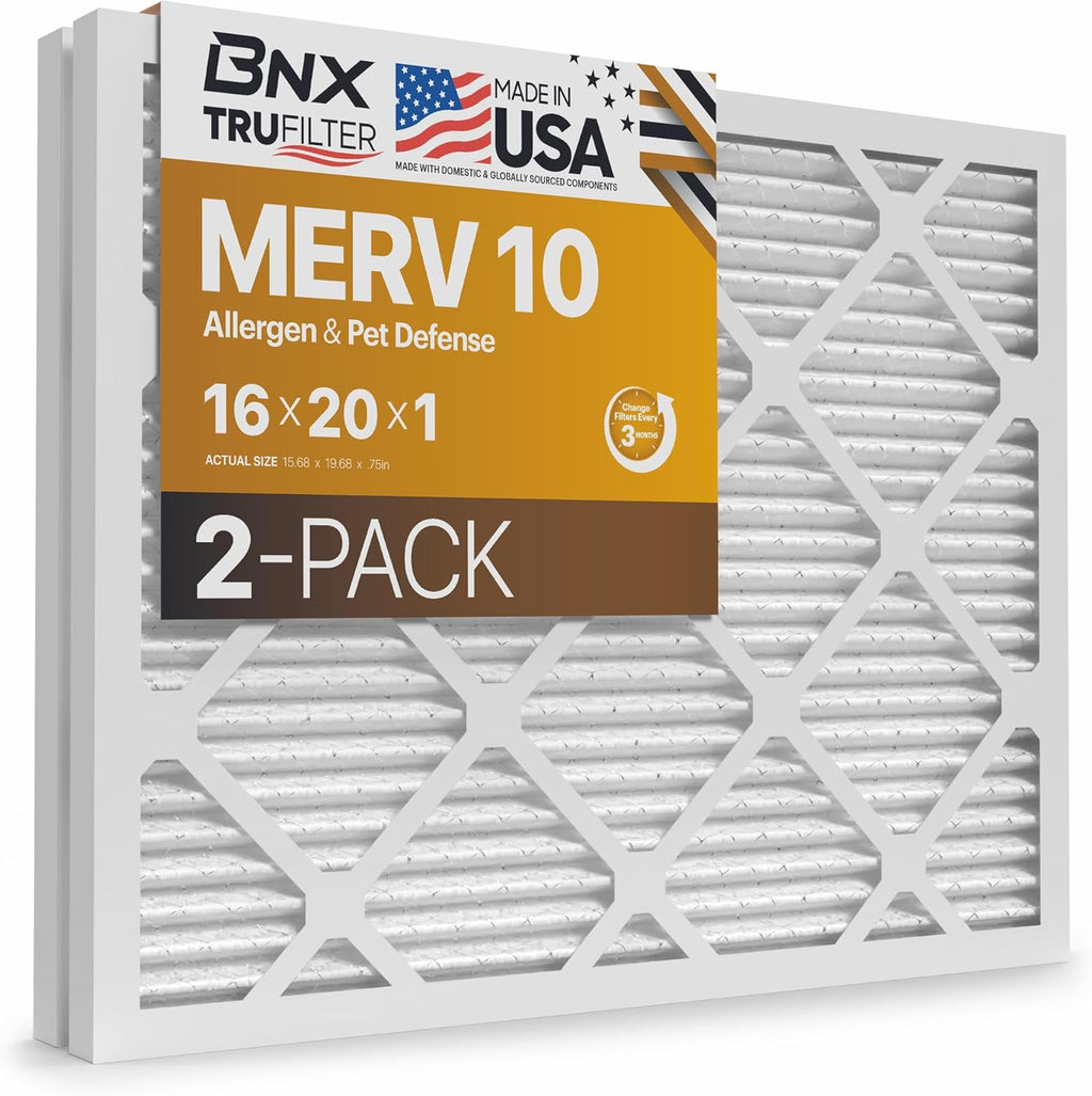BNX TruFilter 16x20x1 MERV 10 (2-Pack) AC Furnace Air Filter - MADE IN USA - Pleated Air Conditioner HVAC AC Furnace Filters - Removes Odor, Mold, Bacteria, Smoke
