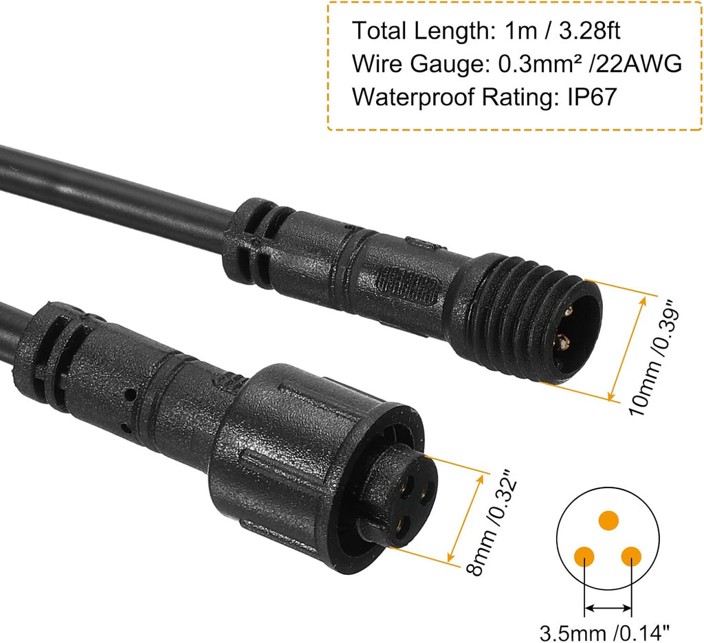 PATIKIL 3.28Ft 3 Pin Extension Cable Wire, Small Size 2Pcs 22 AWG Waterproof IP67 Connector with Male and Female at Both Ends for LED Strips, Black