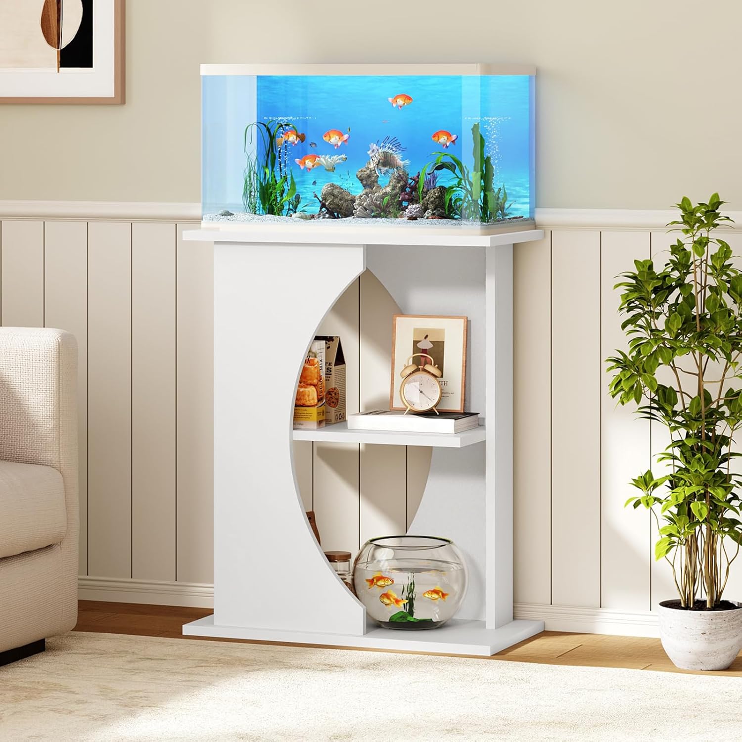 10 Gallon Fish Tank Stand, Wooden Aquarium Stand with 3-Tier Storage Shelves, Heavy Duty Turtle Reptile Terrarium Tank Stand for Home Office, 23.6" L x 11.8" W x 29.9" H, White FTWT7601