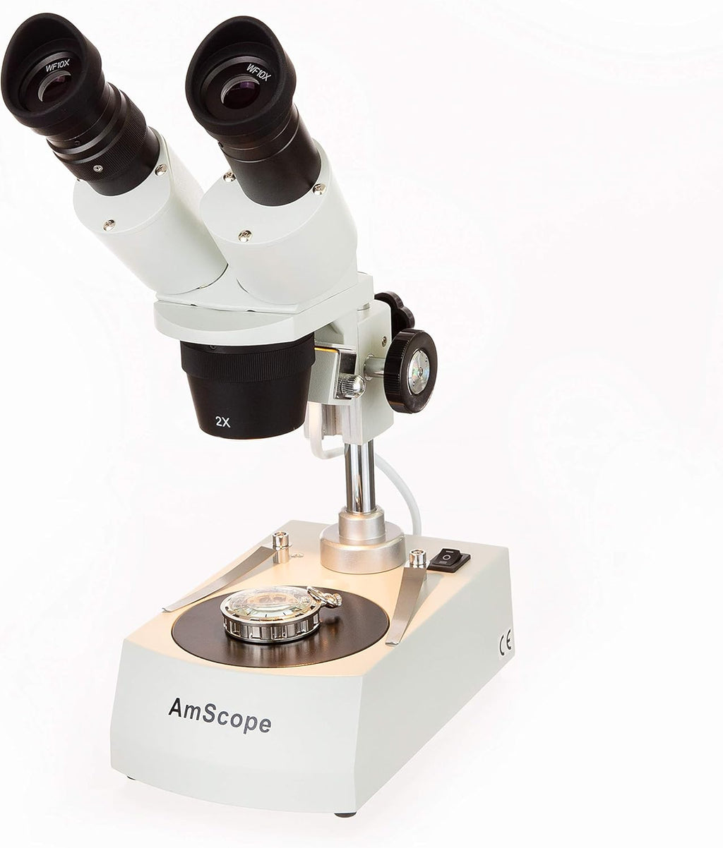 AmScope SE306R-PZ Forward Binocular Stereo Microscope, WF10x and WF20x Eyepieces, 10X-80X Magnification, 2X and 4X Objectives, Upper and Lower Halogen Light Source, Pillar Stand, 120V , White