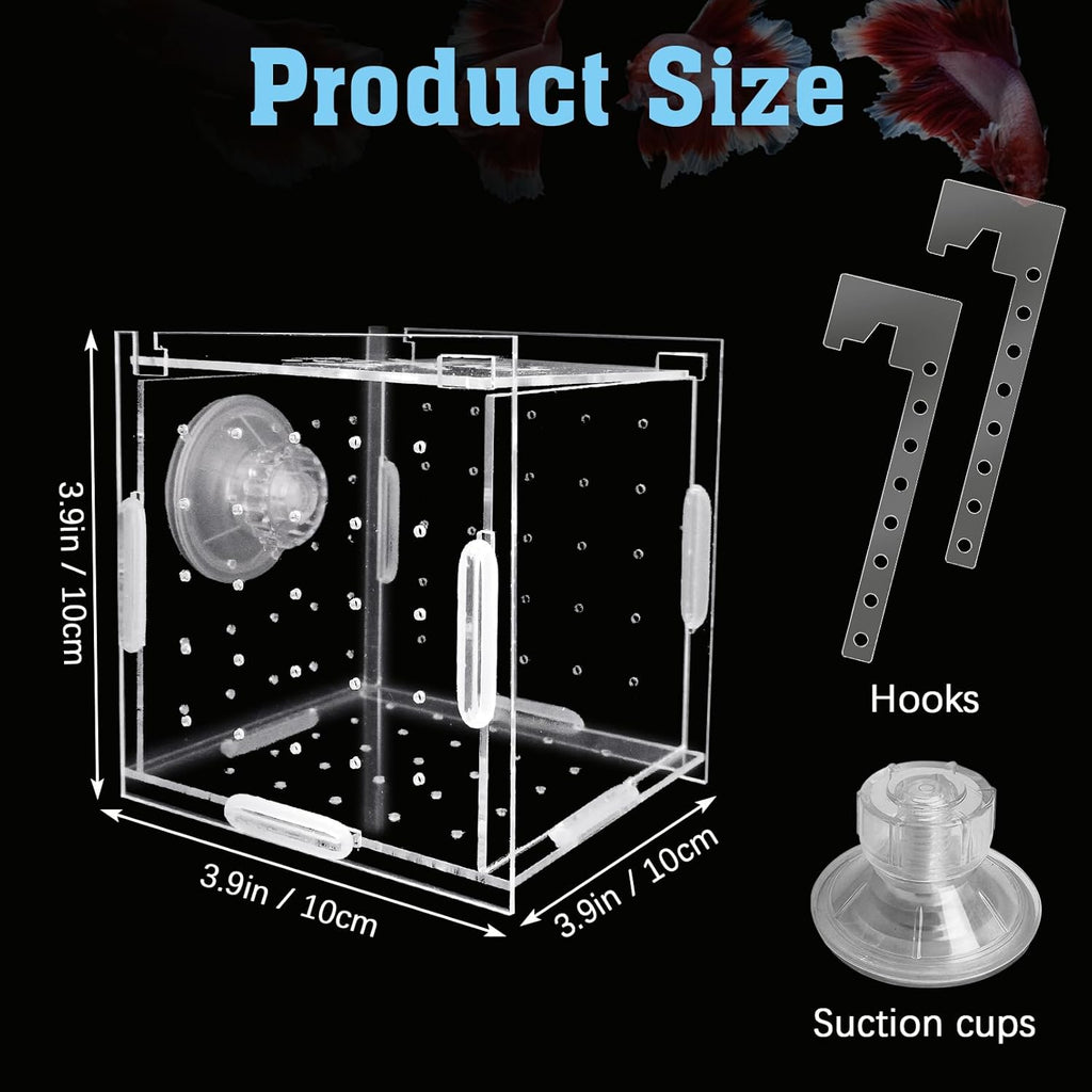 Hamiledyi Acrylic Breeding Isolation Box - Transparent Aquarium Hatchery for Guppy/Shrimp/Small Fish, Safe Nursery Tank with Air Tube & Suction Cups (3.9" × 3.9" × 3.9")