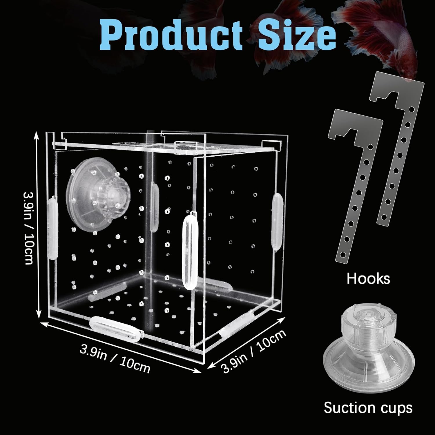 Hamiledyi Acrylic Breeding Isolation Box - Transparent Aquarium Hatchery for Guppy/Shrimp/Small Fish, Safe Nursery Tank with Air Tube & Suction Cups (3.9" × 3.9" × 3.9")