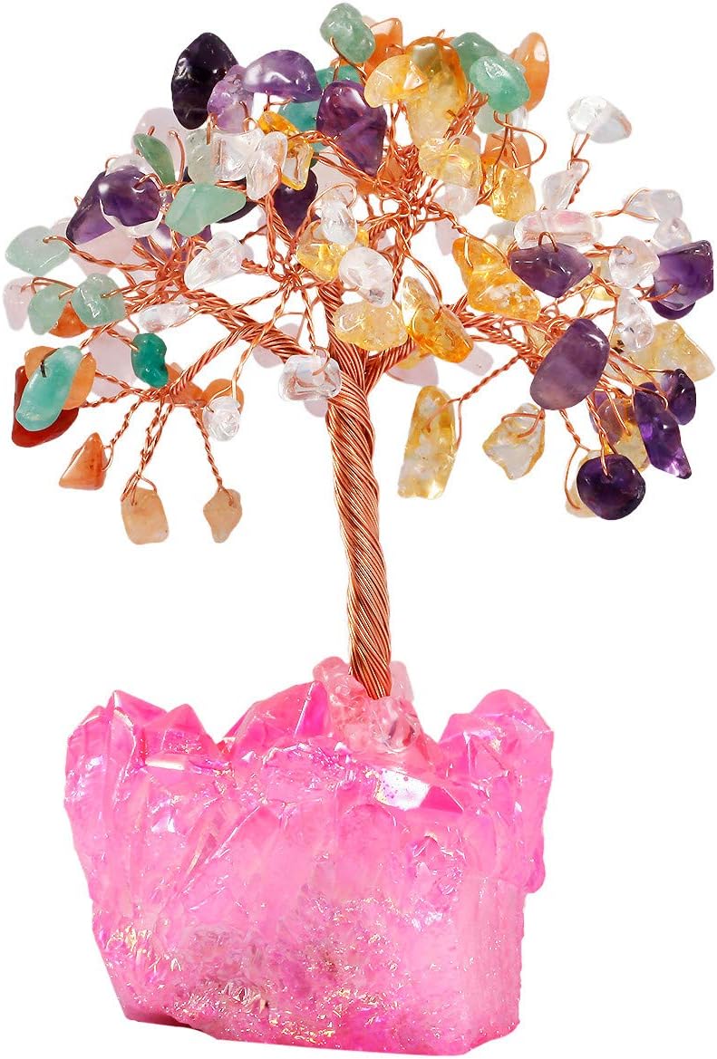 mookaitedecor Colorful Crystal Tree, Quartz Cluster Fuchsia Titanium Crystals Base Bonsai Money Tree for Wealth and Luck