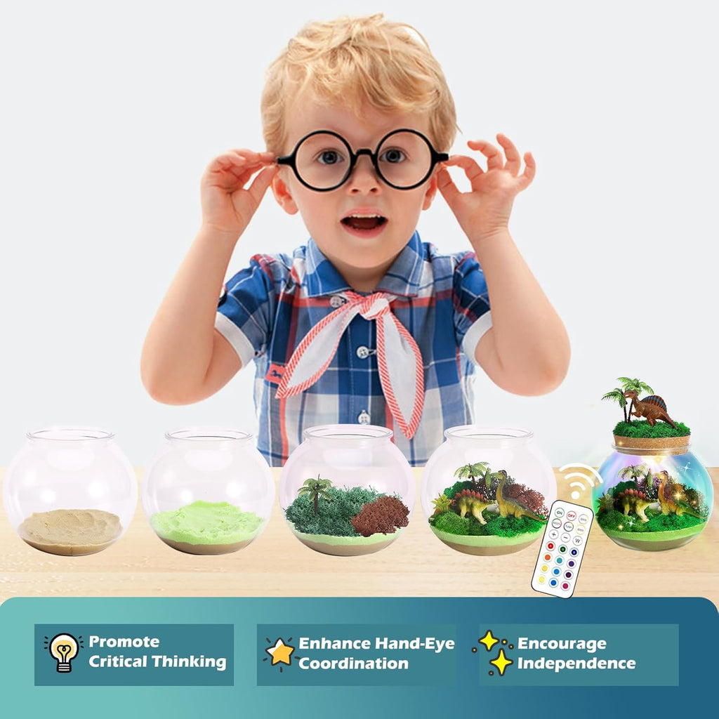 Dinosaur Light-Up Terrarium Kit for Kids- Birthday Gifts for Boys Ages 4 5 6 7 8-12 Year Old- Dinosaur Toys for Boys with Multicolor LED Light & Remote