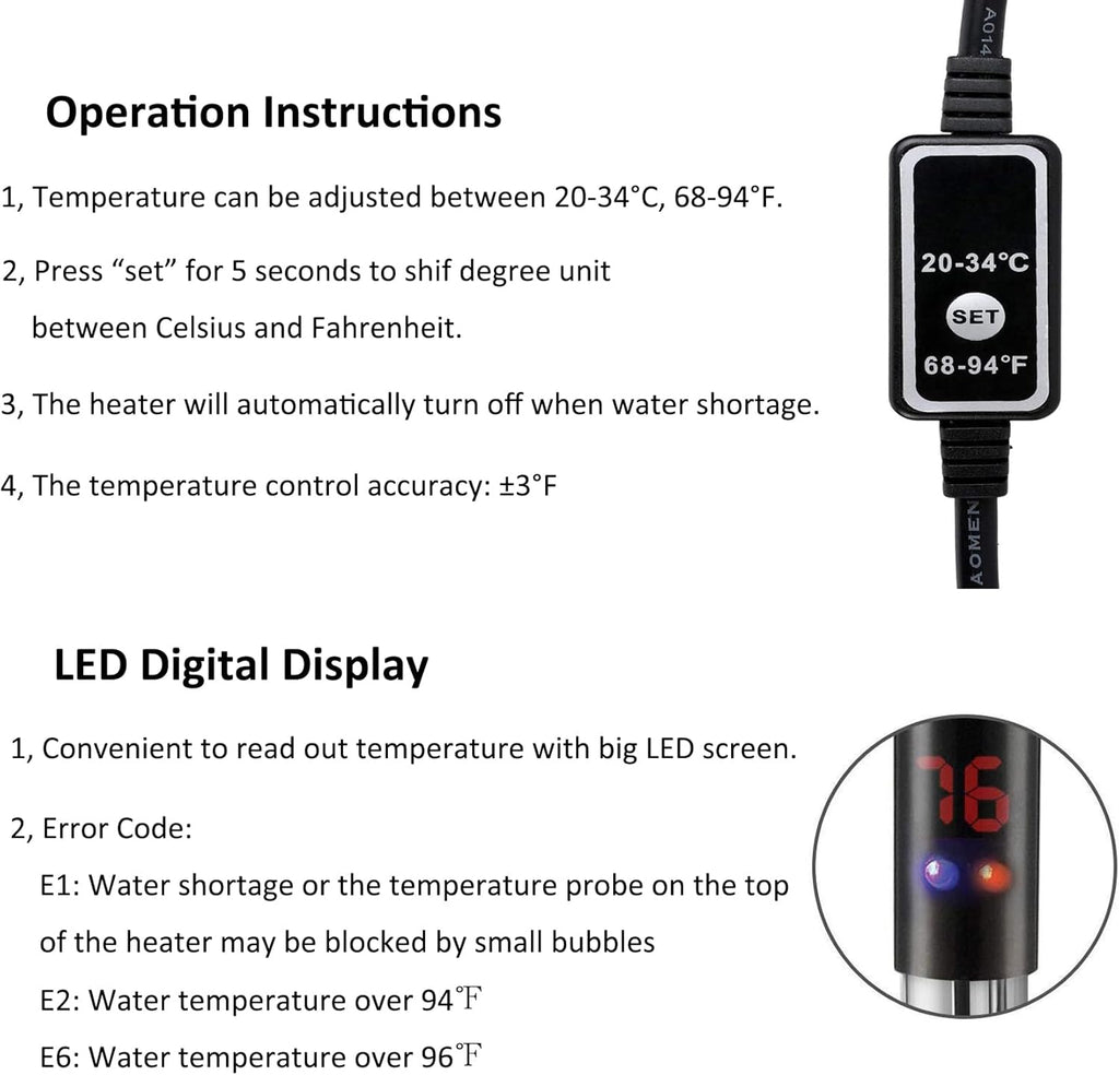Aquarium Heater, 500W Submersible Fish Tank Heater Underwater Turtle Water Warmer for 40-90 Gallon Tank with with Intelligent LED Temperature Display and External Temperature Controller