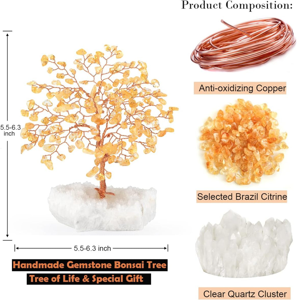 Natural Citrine Gemstone Crystal Tree of Life,Clear Quartz Cluster Base,Bonsai Money Tree Feng Shui Home Decor,Healing Crystals Positive Energy for Luck and Wealth 5.5"-6.3"