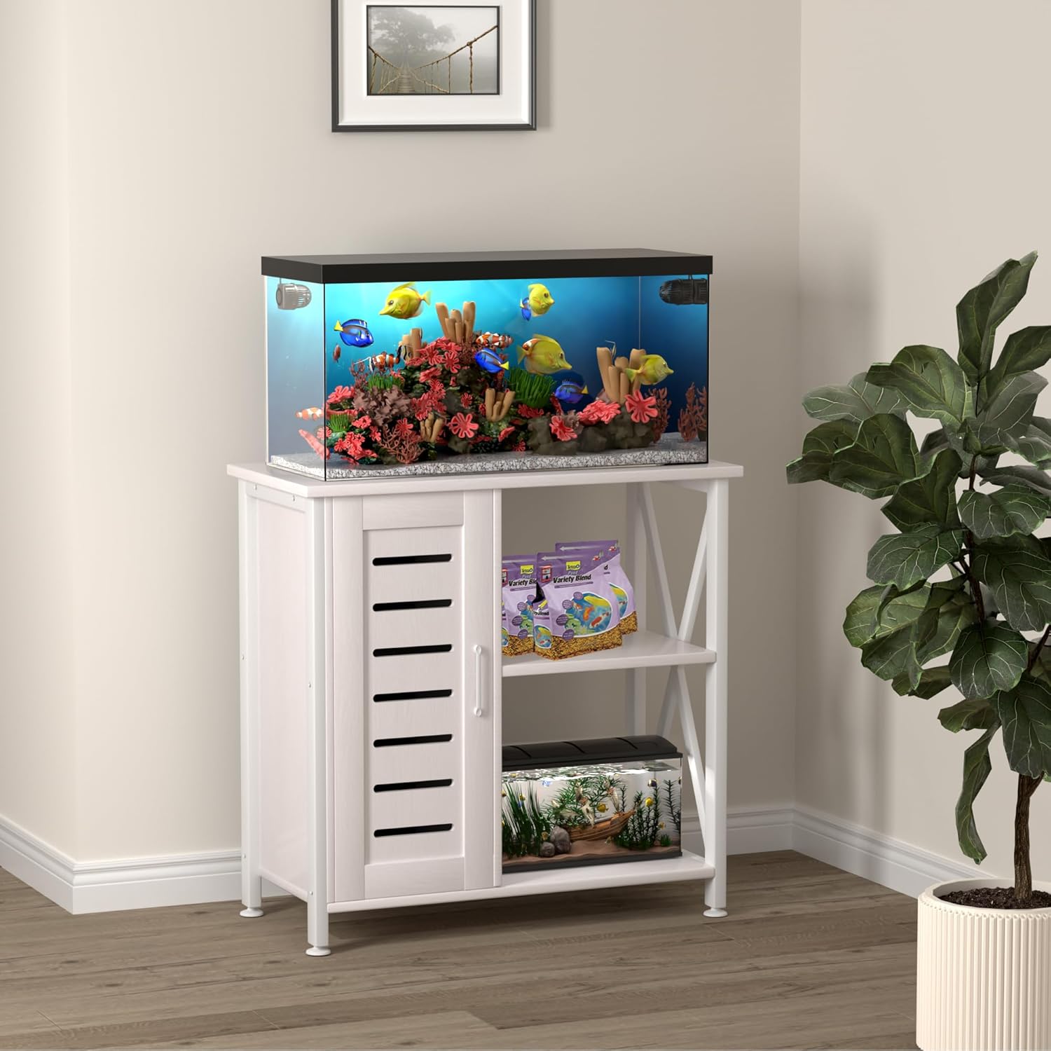 20-29 Gallon Fish Tank Stand, Aquarium Stand with Cabinet Accessories Storage, Heavy Duty Metal Frame, 31.49" L*15.74" W Tabletop, 330LBS Capacity,White PG07YGW