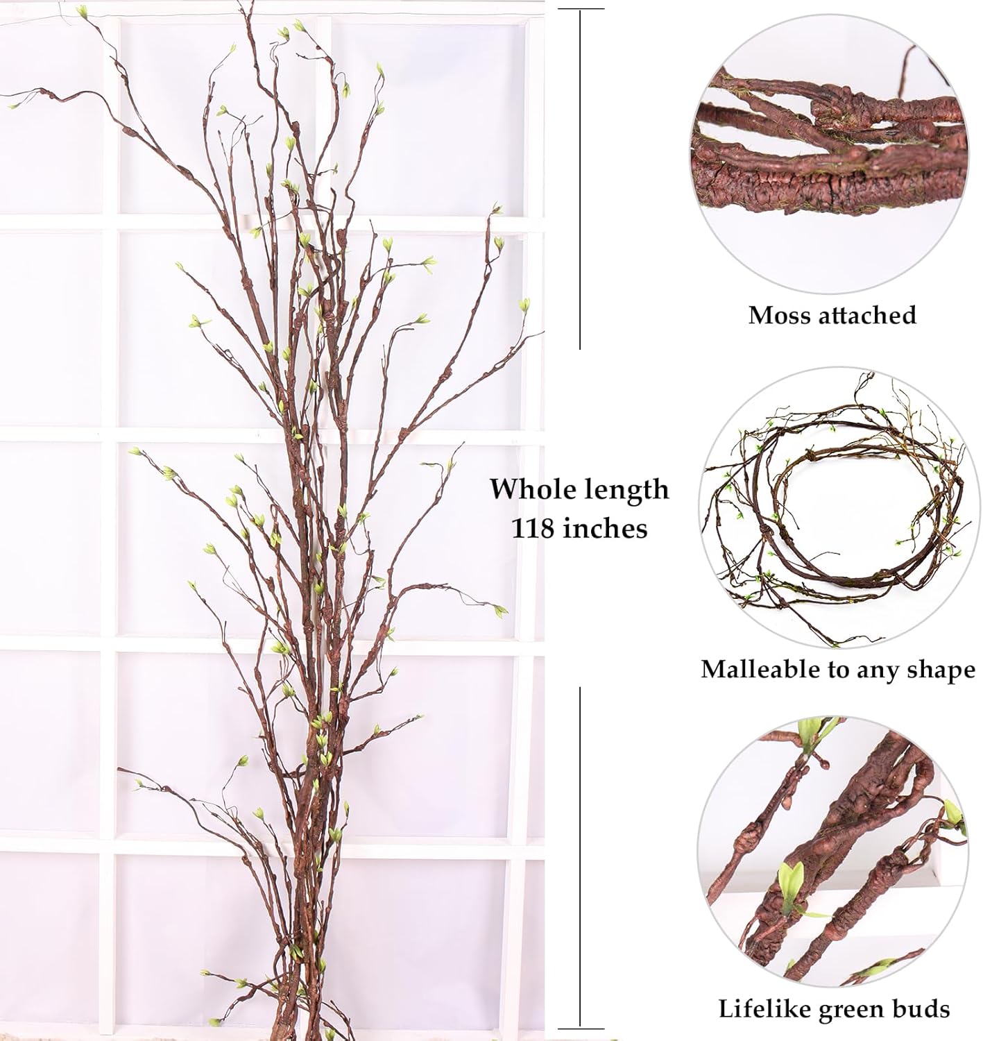 118 inch Large Bendable Artificial Floral Tree Branches Twigs Vines Cherry Blossom Trunk Ivy Wood Wall Fake Hanging Plants Willow Grapevine Garland for Wedding Arch Jungle Halloween Patio Decoration