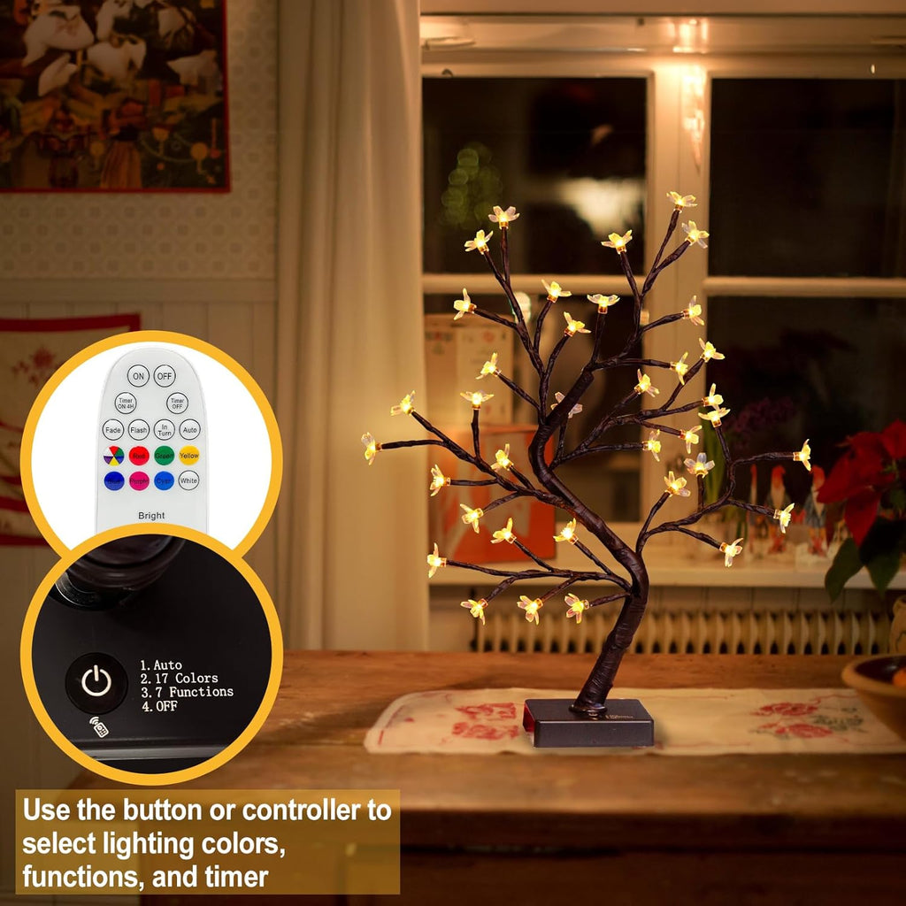 PEIDUO RGBW Cherry Blossom Tree, Light up Bonsai Tree 36 Color-Changing LED, Lit Spirit Tree Lamp with Controller for Christmas Indoor Home Bedroom Tabletop Decoration, USB/Battery Powered, 17.5 Inch