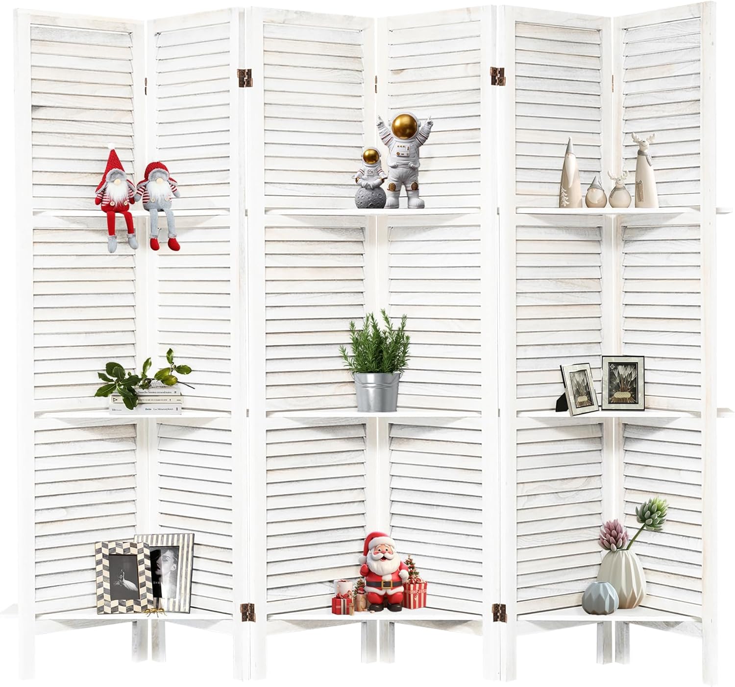 6 Panel Room Divider with Shelves Privacy Screen Partition Wooden Folding Divider for Room Separation Freestanding Room Divider for Home Office, Studio and Apartment, Faded White