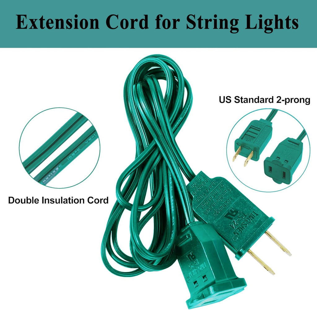 3 Pack Green Extension Cord 6 Feet 2 Prong Extension Cord for Christmas Lights Waterproof with 2 Pole Brass Straight Blades Polarized Plug, for Connect/Extend Christmas Light Indoor Outdoor (18Ft)