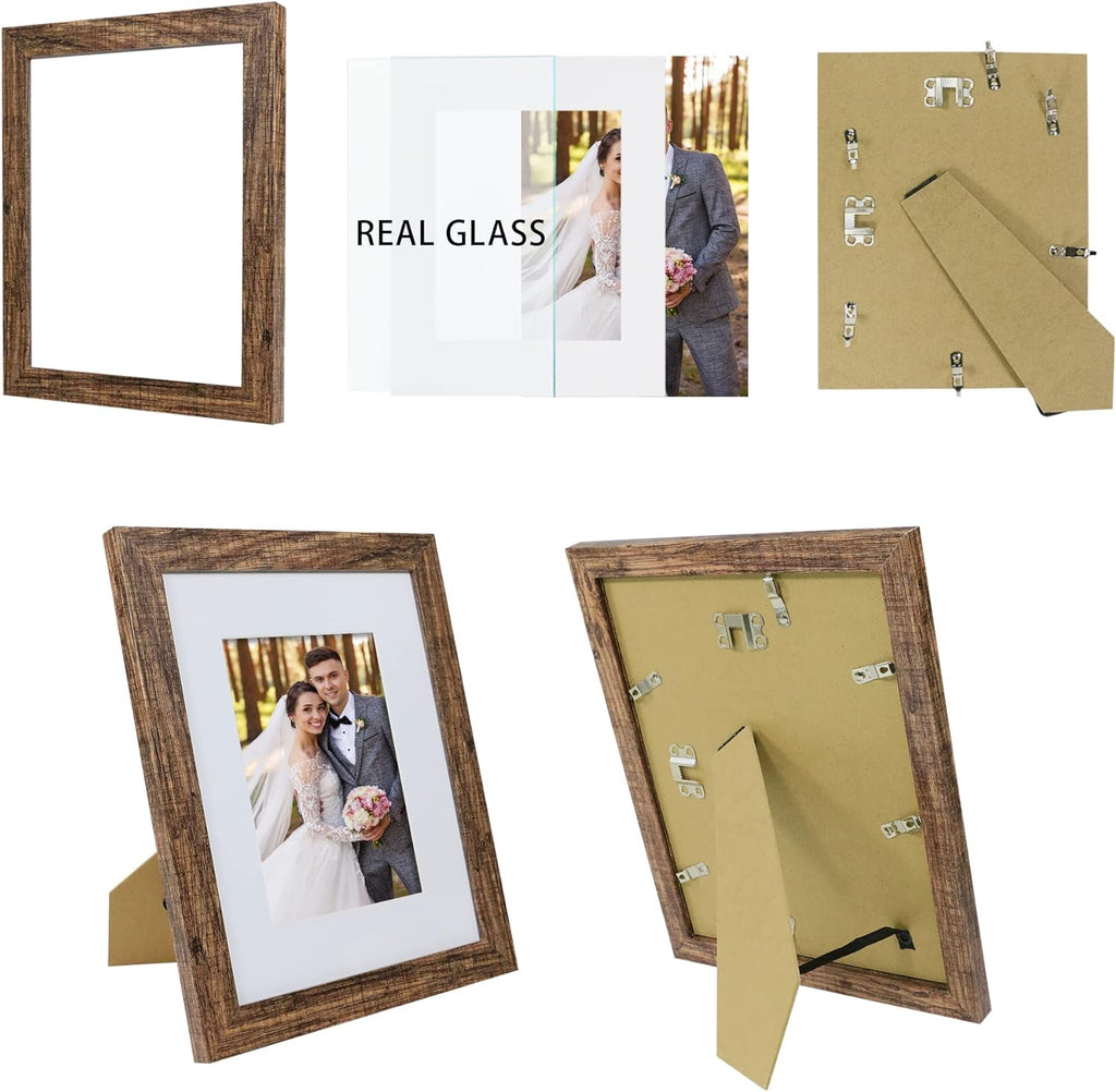 8x10 Picture Frame Set of 4, Made of Real Glass and Rustic Brown Wooden Frame, 8 by 10 Photo for Wall or Tabletop - Display Picture 5x7 with Mat or 8x10 Without Mat