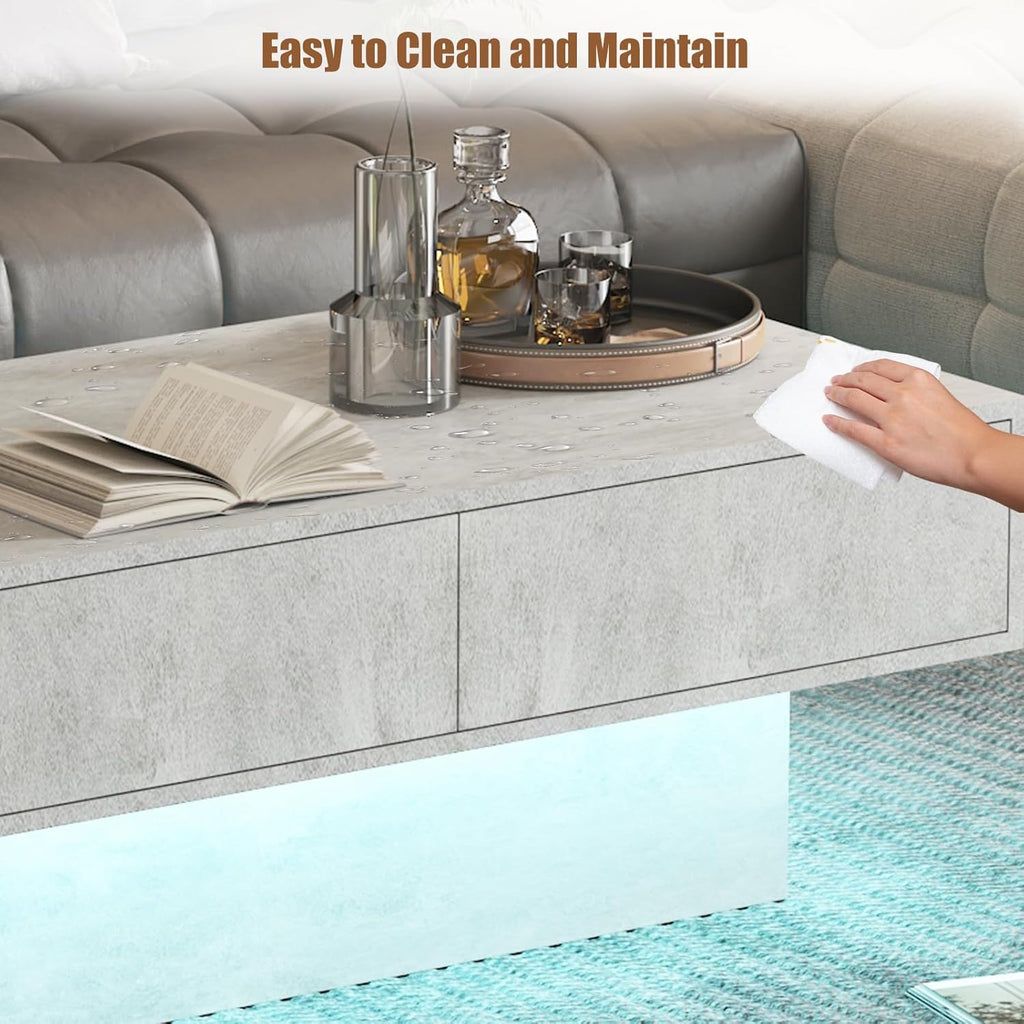 Rectangular LED Coffee Table with 2 Storage Drawers for Living Room, Center Middle Table Modern Cocktail Table Tea Tables Contemporary Mid Century Wood Home Office Waiting Room, Light Grey