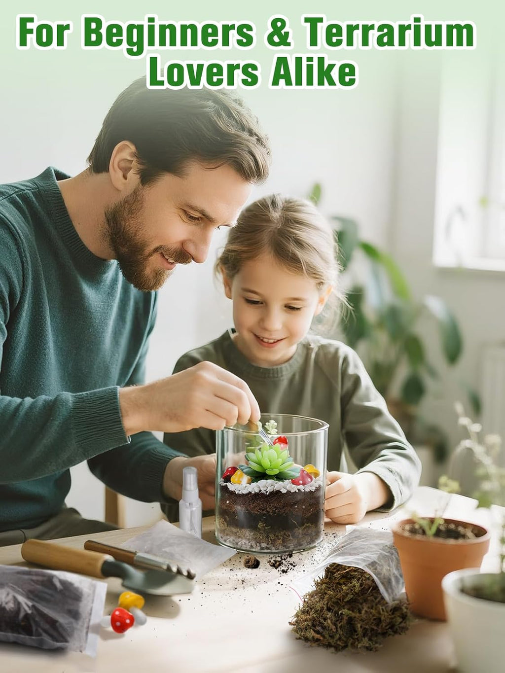 Terrarium Kit Adults - Includes Pumice, Moss, Soil, Pebbles, Charcoal, 2 Tools, Mushroom Ornaments for Succulent Cactus, Christmas Terrarium Accessories Decor Gifts for Starter Women