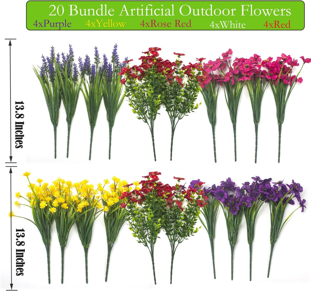 20Pcs UV Resistant Artificial Flowers Outdoor, Realistic Faux Greenery Shrubs with Rust-Proof Stems - Waterproof Fade-Proof Hanging Plants for Garden, Porch, Patio, Cemetery Decor (All-Season Durable)