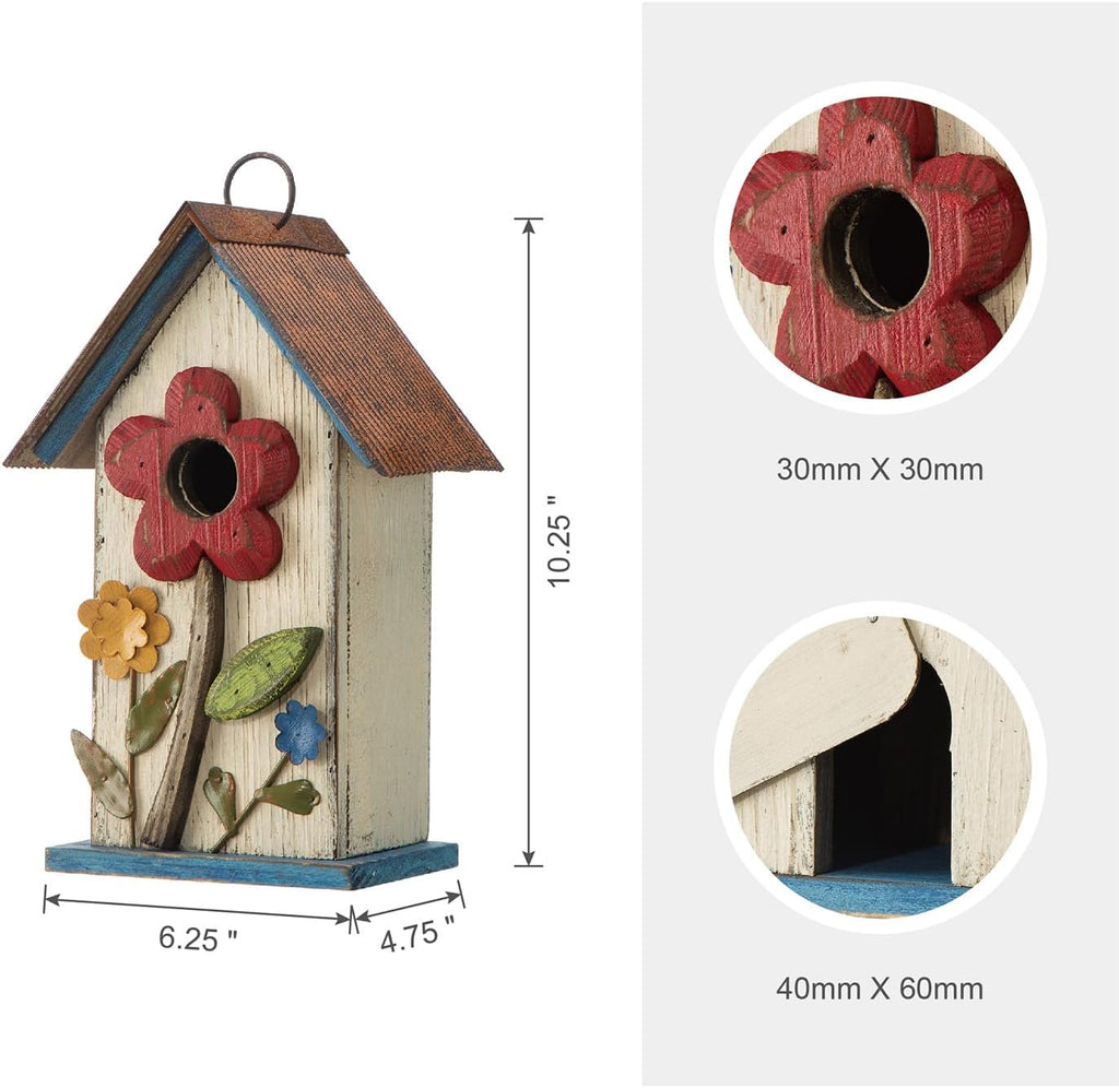 Glitzhome 10.2" H Hanging Bird House for Outdoor Patio Garden Decorative BirdHouse Pet Cottage Wooden Distressed Birdhouse with 3D Flowers, Washed White