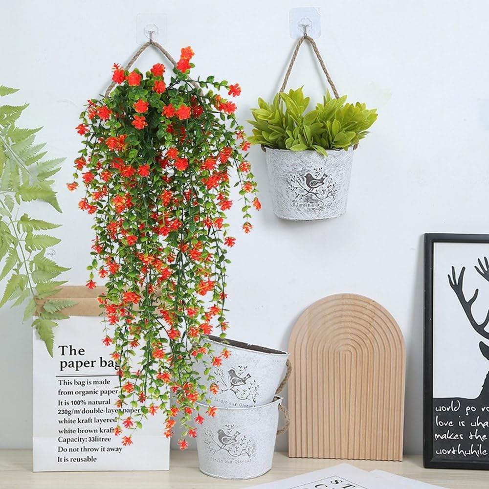 Artificial Hanging Flowers for Outdoor Indoor Decor, 6 Packs Fake Eucalyptus Vine Faux Flower Greenery Garland Plastic Plants Outside UV Resistant Wall Garden Wedding Home Party Decor (Orange)