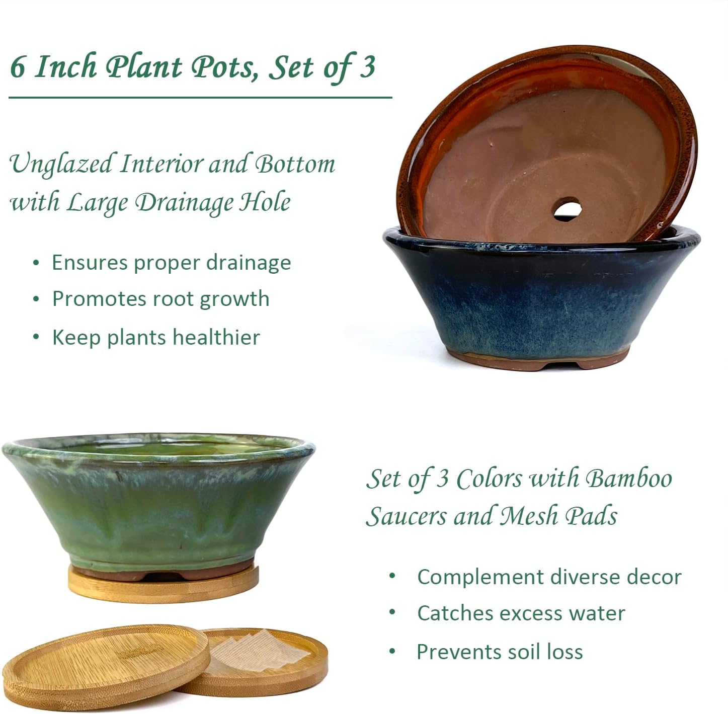6 Inch Glazed Terracotta Succulent Pot Planter Small Plant Pot with Drainage Hole and Bamboo Saucer Cactus Ceramic Pot Set of 3 (Blue Green Orange)