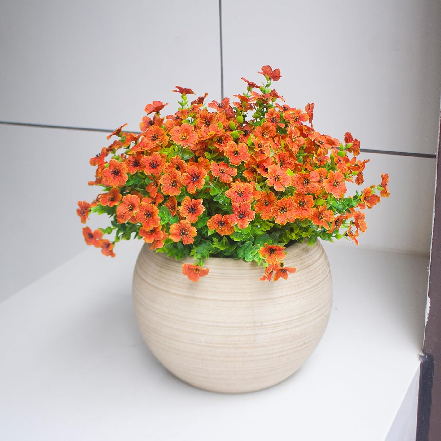 Fake Mums Artificial Outdoor Flowers 12 Bundles Autumn Fall Plants Daisy Faux Orange Blooms for Front Porch Window Box Patio Table Centerpieces Decor(Orange Daisy)