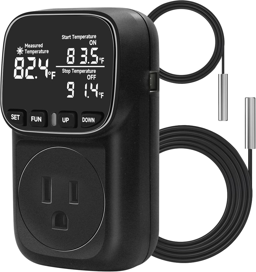 Temperature Controlled Outlet , 15A/1800W Digital Thermostat Outlet, Cyclic Timing/Countdown, -40℉~210℉ VA Display Heating Cooling Control Timer with 2Pcs Probe Cable for Reptile Incubator