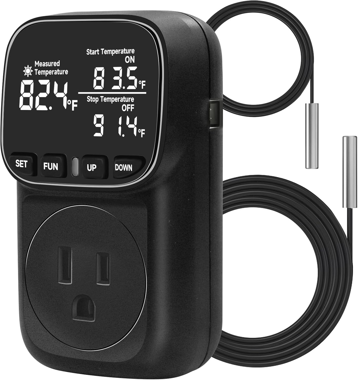 Temperature Controlled Outlet , 15A/1800W Digital Thermostat Outlet, Cyclic Timing/Countdown, -40℉~210℉ VA Display Heating Cooling Control Timer with 2Pcs Probe Cable for Reptile Incubator