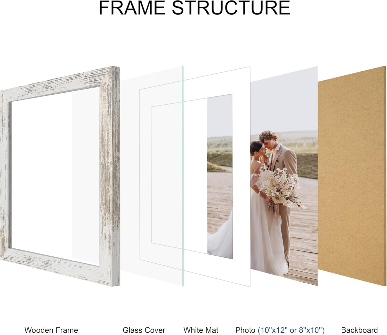 10x12 Picture Frame Set of 4, Made of Real Glass and Distressed White Frame - Display Picture 8x10 with Mat or 10x12 Without Mat, 10 by 12 Photo for Wall Mounting