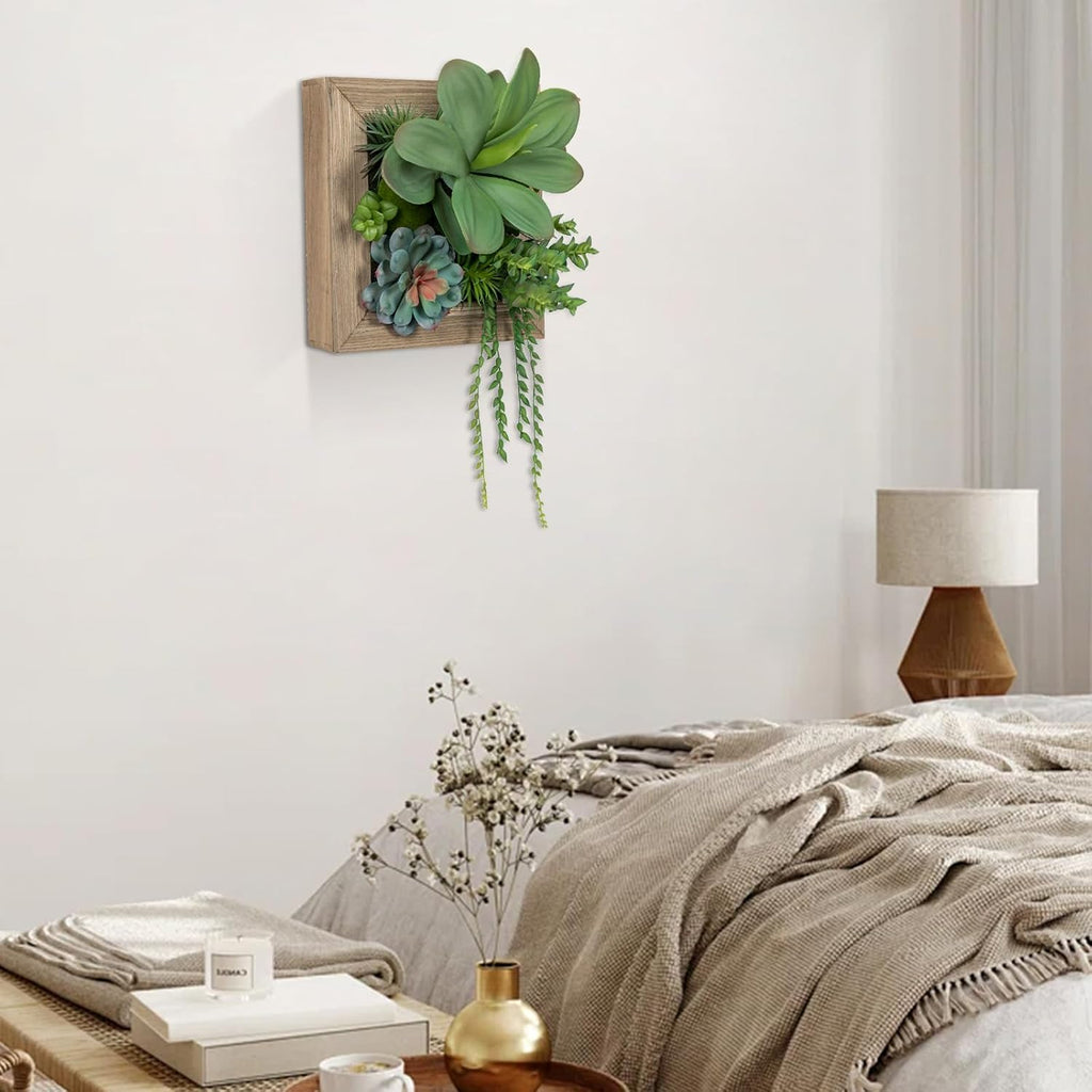 Artificial Succulent Wall Decor - Fake Hanging Succulents with Wood Plant Box, 3D Wooden Wall Decor Faux Hanging Plants Indoor Arrangement