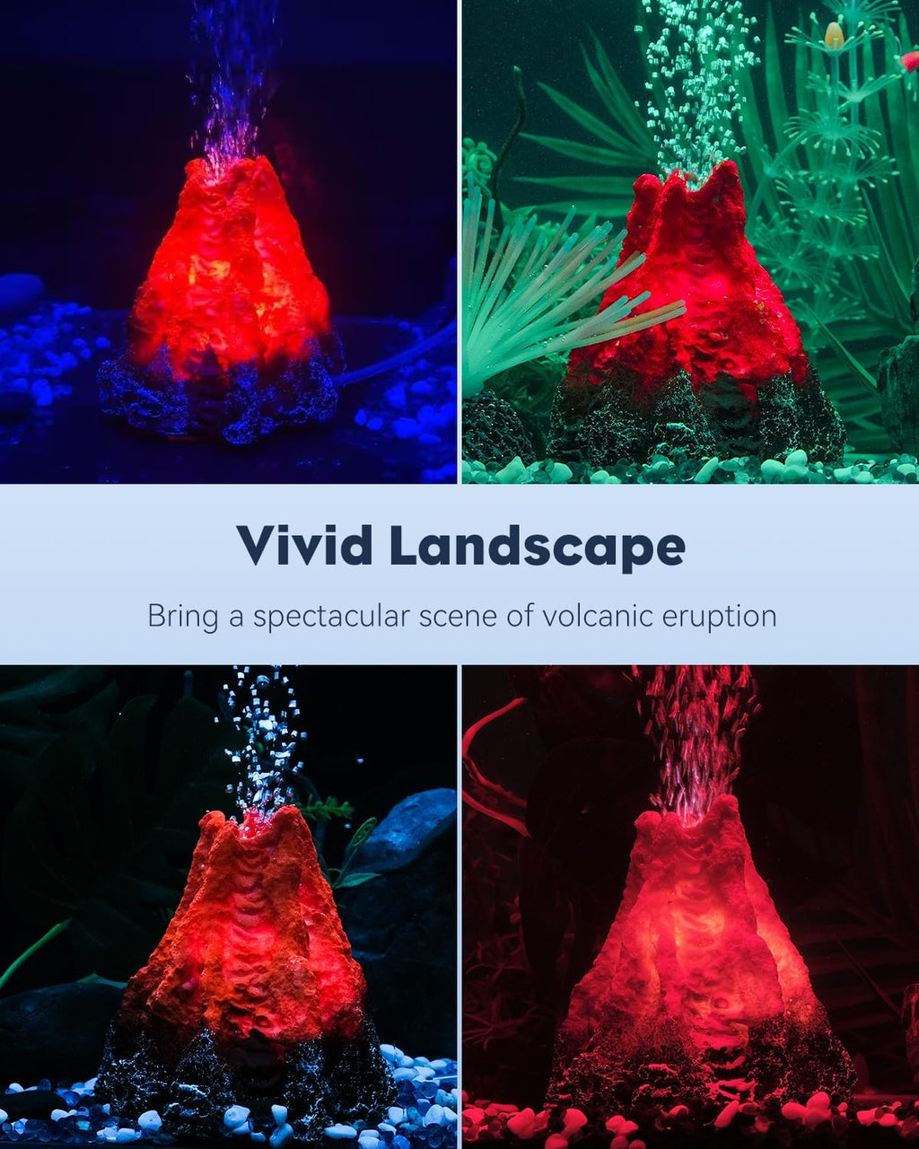 Uniclife Aquarium Volcano Ornament Kit, Colorful LED Light Decor for Fish Tank, Landscape Addition and Oxygenation, Realistic Resin Volcanic Decoration with Air Stone Bubbler