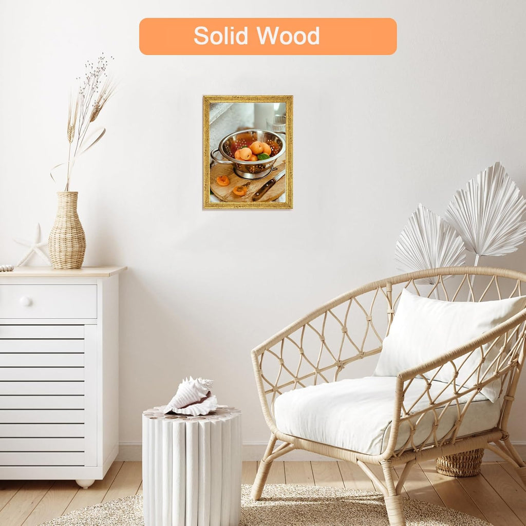 Wood 8x11 Frame Gold, Ornate Natural Wooden 11x8in Picture Frames, Modern Golden 8 x 11inch Gallery Photo Pic Frame with HD Plexiglass, Horizontal Vertical Wall Mounting Tabletop Display 1Pcs