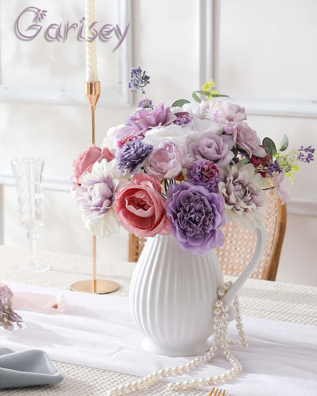 Artificial Flowers Combo Box Set Purple Fake Silk Flower for DIY Wedding Bouquet Arrangements Bridal Shower Party Home Decorations(White Purple Peony)