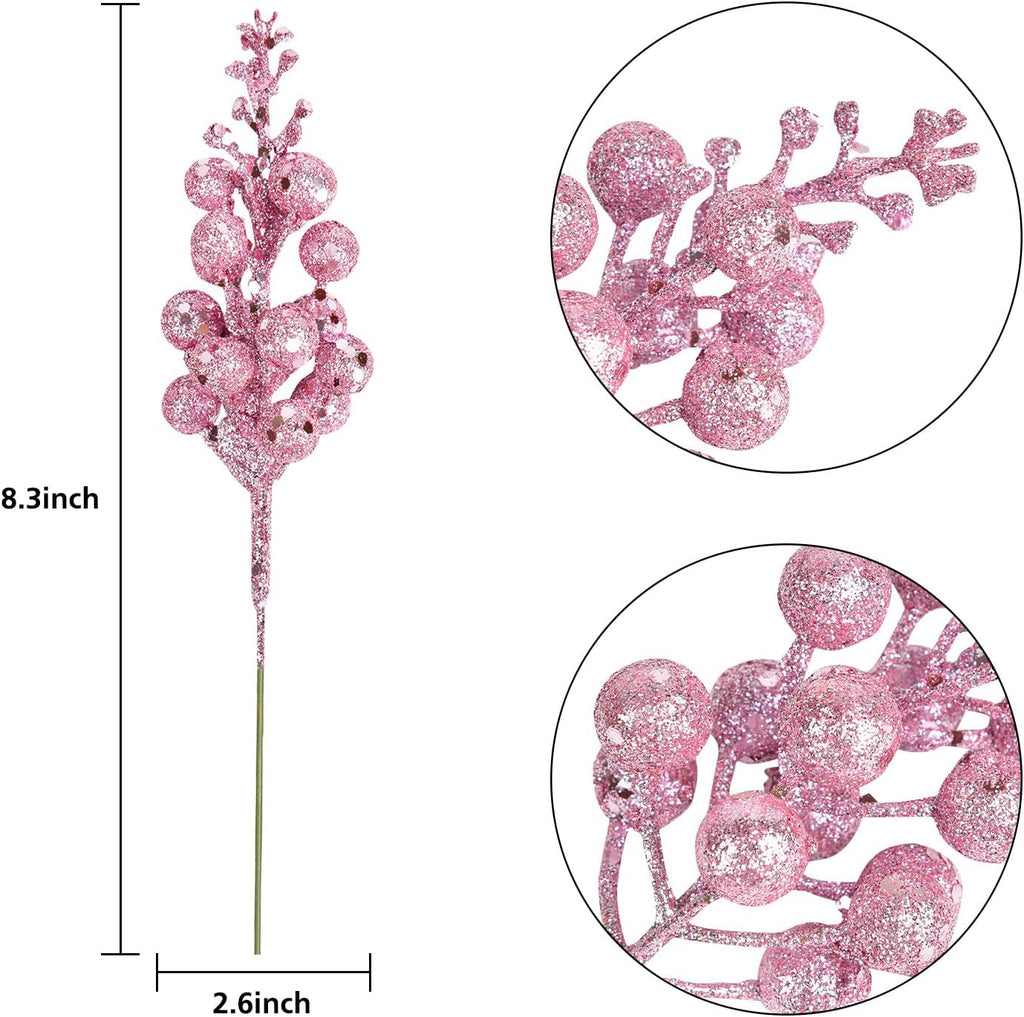 14 Pack Christmas Glitter Berries Stems Clearance, 7.8 Inch Artificial Pink Christmas Picks for Christmas Tree Ornaments, DIY Xmas Wreath, Crafts, Holiday and Home Decor (Pink)