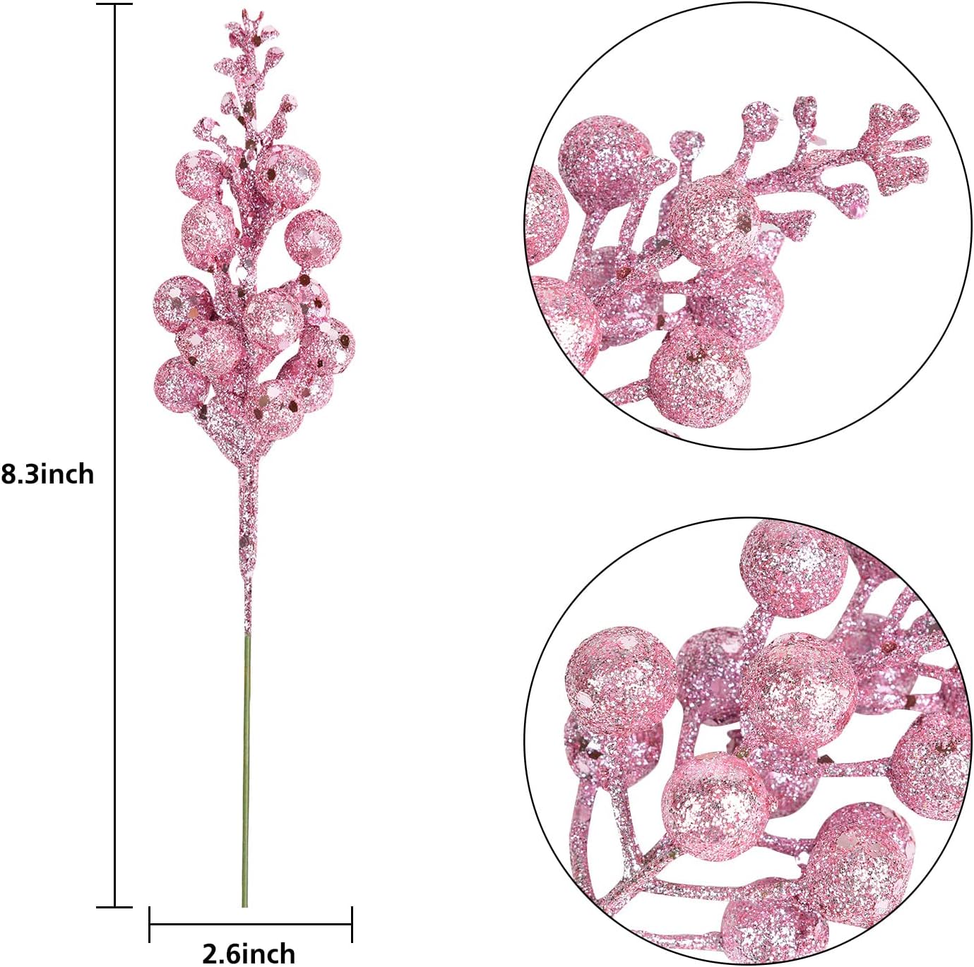 14 Pack Christmas Glitter Berries Stems Clearance, 7.8 Inch Artificial Pink Christmas Picks for Christmas Tree Ornaments, DIY Xmas Wreath, Crafts, Holiday and Home Decor (Pink)